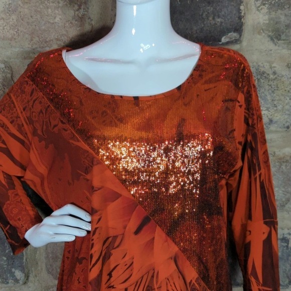 Cato Top Orange Sequins 3/4 Sleeve Mixed Pattern Woman's Size Large Sparkle - Picture 3 of 14